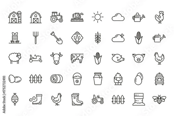 Fototapeta Farm and agriculture line icon set. Vector collection of rural life, organic food, and livestock symbols. Includes barn, tractor, cow, pig, chicken, crops, and tools.