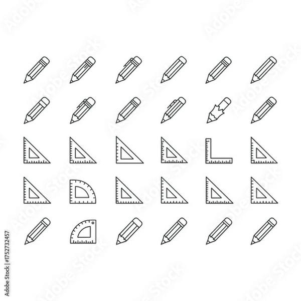 Fototapeta School and office supplies icon set. Pencil, triangle ruler, protractor and set square line icons for technical drawing. Geometry, education and architecture tools vector pack.