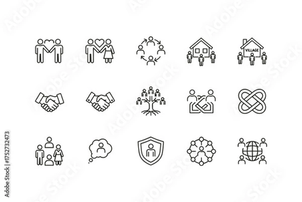 Fototapeta Community and relationship line icon set. Vector symbols for family, love, teamwork, partnership, society, unity, social network, genealogy, protection and global connection.