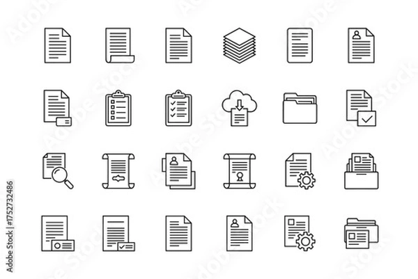 Fototapeta Document line icon set. File and paperwork vector symbols. Office data management, report, contract, folder, archive, and checklist signs. Thin line pictogram collection.
