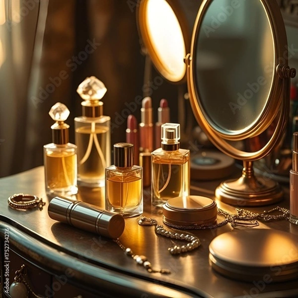 Fototapeta Luxury perfume bottles and cosmetics on elegant vanity table in warm golden light