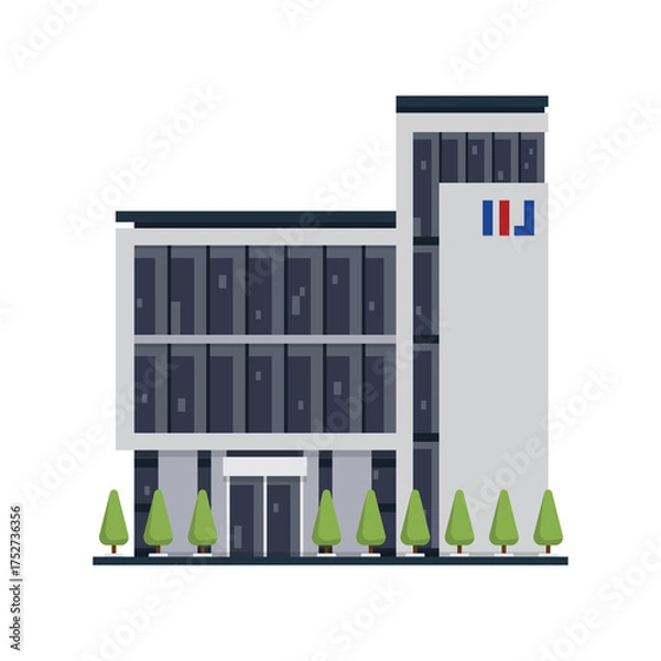 Fototapeta Pixel Art Modern Office Building With Trees and Clear Blue Sky Corporate Architecture Finance Business Headquarters
