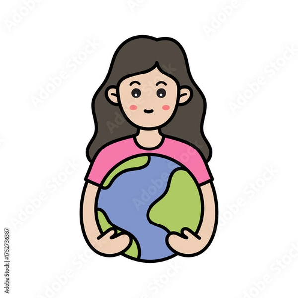 Fototapeta Pixel Art of A Young Woman Wearing a Pink Shirt Holding A Globe Representing Earth With Green Continents and Blue Oceans On A Transparent Background
