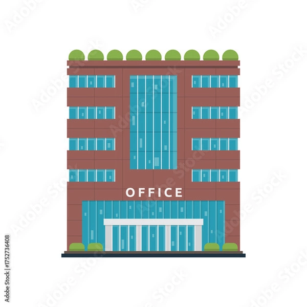 Fototapeta Pixel Art Office Building With Glass Windows And Green Roofline On A White Background