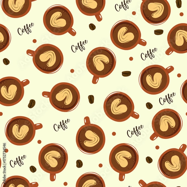Fototapeta Pixel Art Pattern of Coffee Cups with Latte Art and Coffee Beans on a Light Yellow Background Featuring Handwritten Coffee Text and a Transparent Background