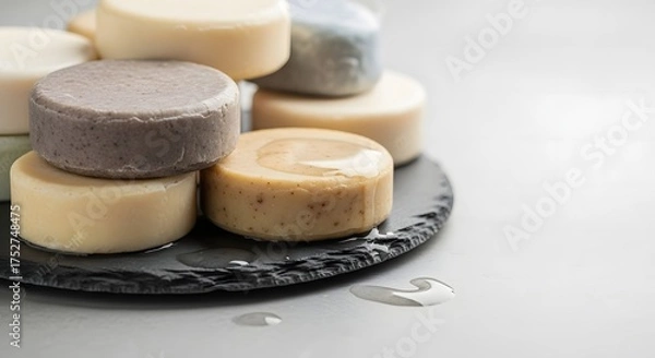 Fototapeta Stack of colorful, round handmade solid soap or shampoo bars on a black slate tray with water drops, focusing on natural and zero-waste beauty