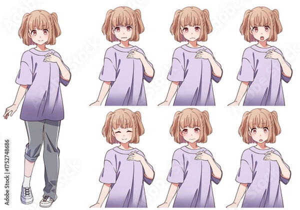 Obraz 運動着を着たかわいいハーフツインテールの女の子の表情セット
