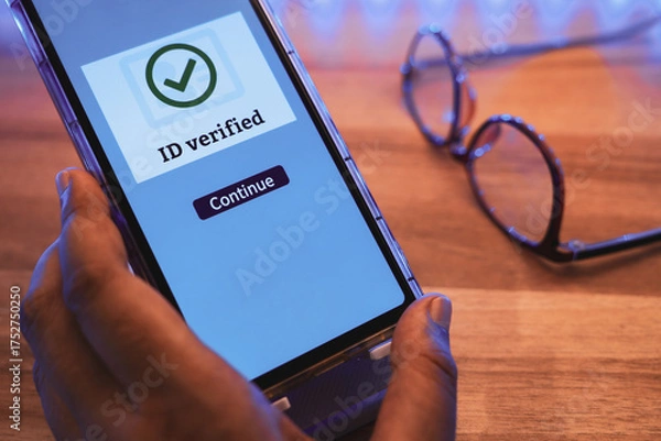 Fototapeta mobile phone displaying successful ID verification message. Close-up image, selective focus.