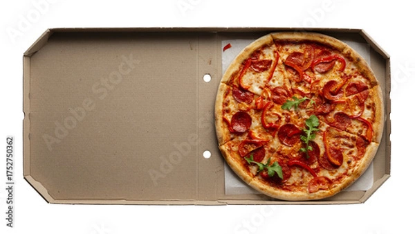 Obraz Pepperoni pizza with bell peppers and arugula in open carton box on transparent background