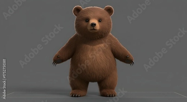 Fototapeta A rendered, fluffy brown bear cub stands facing the viewer on a neutral gray background