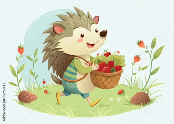 Obraz A cute hedgehog carrying a basket of strawberries isolated on white background