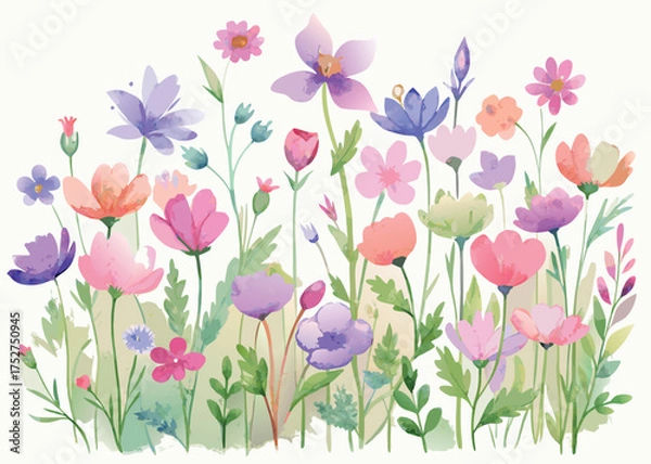 Obraz Watercolor painting of a vibrant flower garden with various colorful blooms isolated on white background
