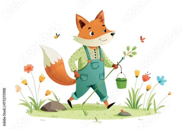 Obraz Watercolor illustration of a fox in overalls carrying a sapling isolated on white background