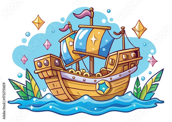 Obraz A whimsical cartoon ship sailing on water isolated on white background, a symbol of adventure and exploration