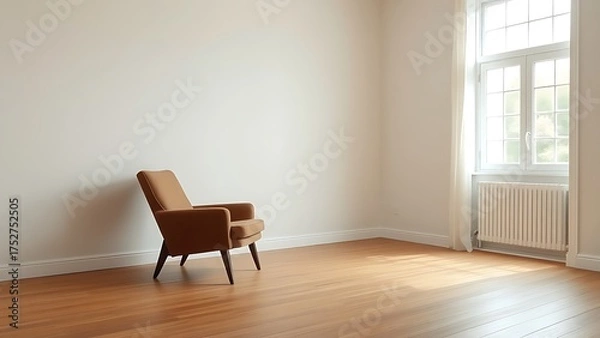 Fototapeta Empty living room featuring a mid-century modern chair, bathed in soft natural light for a serene and inviting atmosphere.