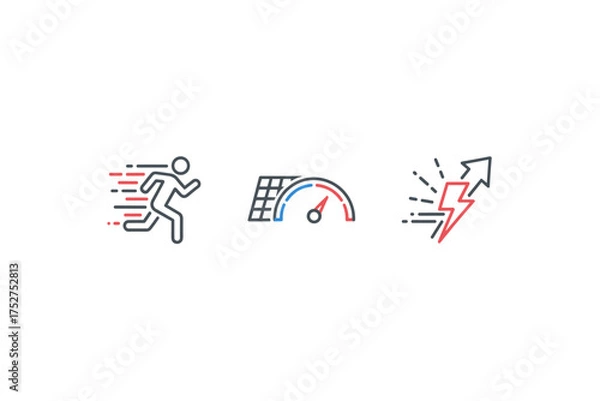 Fototapeta Performance icon set for speed, efficiency, and power. Fast run, speedometer, and energy boost symbols. Concept of productivity growth, business optimization, and progress.