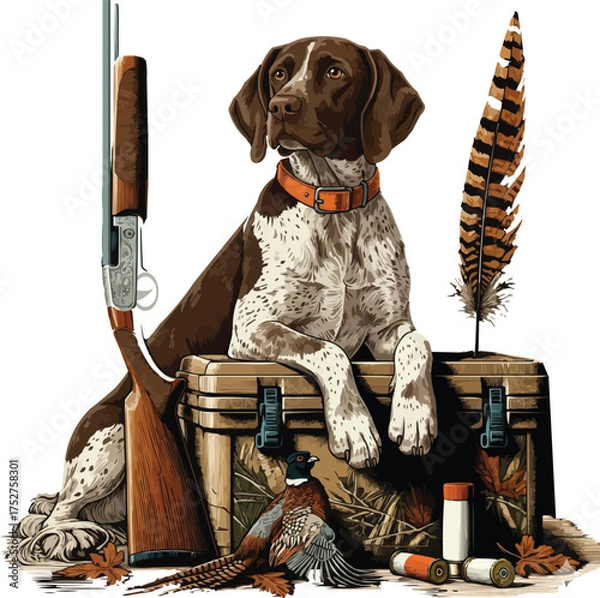 Fototapeta Hunting Dog with Shotgun and Pheasant Vector Illustration