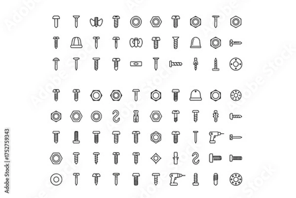 Fototapeta Big line icon set of fasteners and hardware. Screws, bolts, nuts, and nails. Construction, repair, and DIY tools. Industrial equipment symbols. Vector graphic elements.