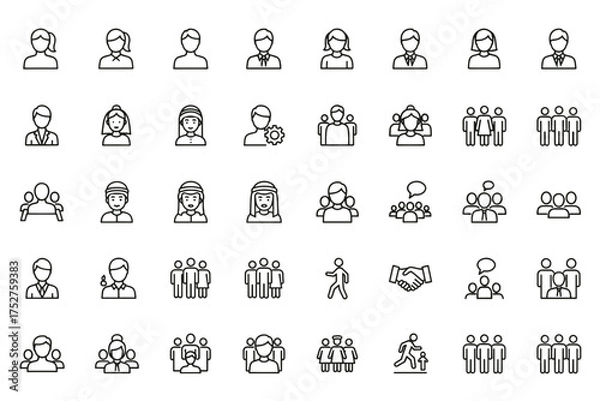 Fototapeta People line icon set. User avatar, profile, and team pictograms. Business staff, community group, and social communication symbols. Simple minimal vector graphic elements.