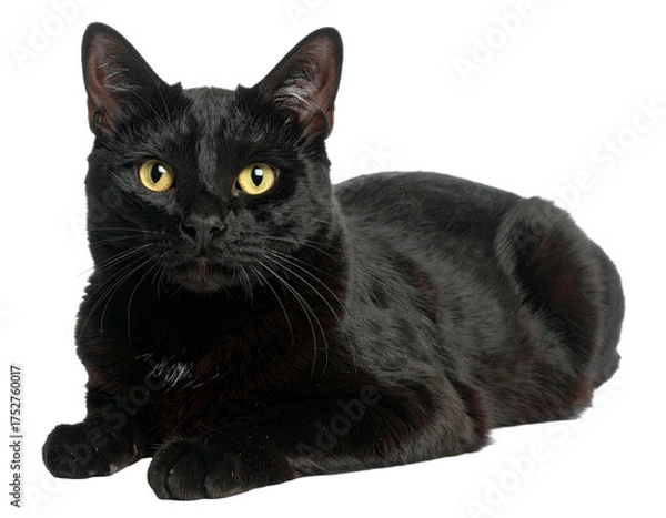 Fototapeta Elegant black cat with piercing yellow eyes, resting gracefully