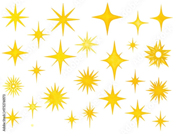 Fototapeta A collection of sparkling golden starbursts on a black background