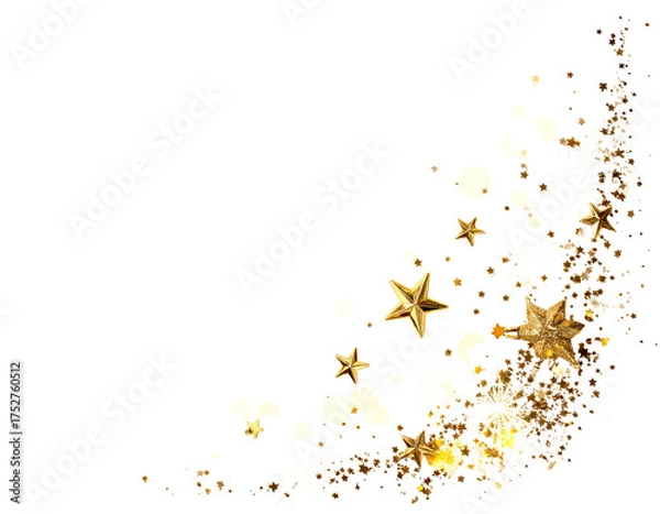 Fototapeta Glittering gold stars and bokeh explode from a dark corner