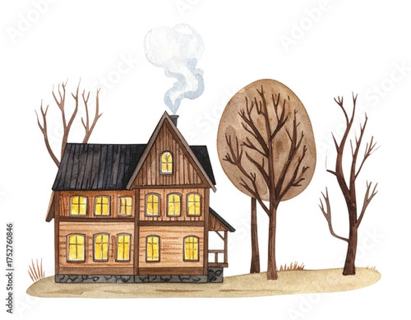 Fototapeta Cozy wooden house with glowing windows and bare trees