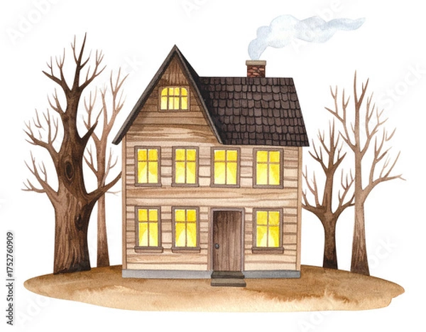 Fototapeta Cozy wooden house with warm glowing windows surrounded by bare trees