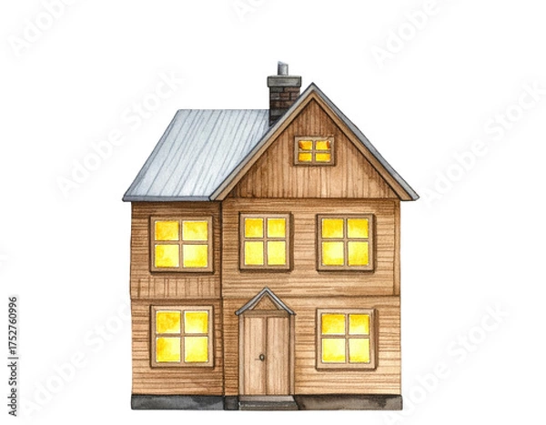 Fototapeta Cozy two-story wooden house with glowing windows on a dark background