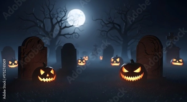 Fototapeta Spooky Halloween Graveyard with Glowing Jack-O'-Lanterns and Full Moon