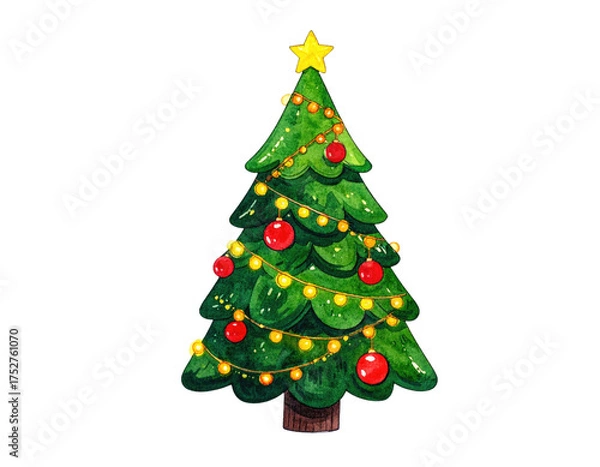 Fototapeta Festive green evergreen adorned with glowing lights and red baubles, topped with a star