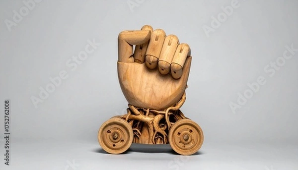 Fototapeta A surreal sculpture featuring a wooden fist mounted on a base of intertwined root-like tentacles, connected to two wagon wheels, set against a neutral gray background