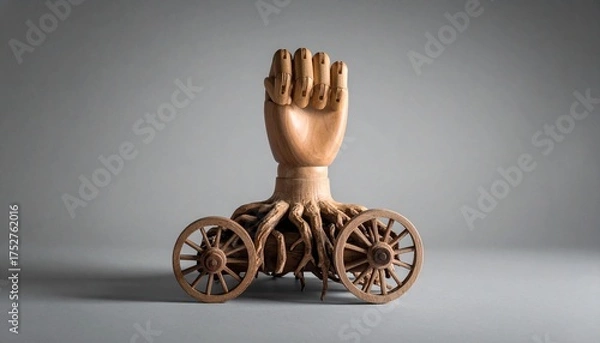 Fototapeta A surreal sculpture featuring a wooden fist mounted on a base of intertwined root-like tentacles, connected to two wagon wheels, set against a neutral gray background