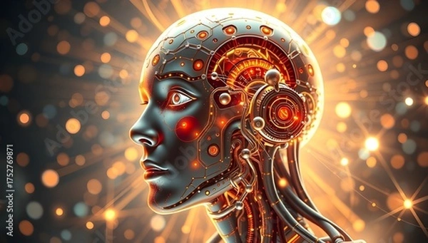Obraz Advanced AI Robot Head with Glowing Brain Neural Network
