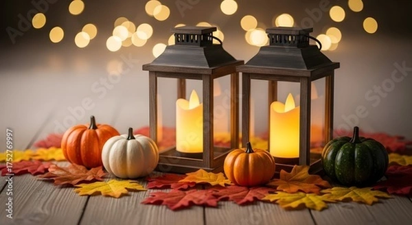 Fototapeta Cozy Autumn Lanterns with Pumpkins and Colorful Fall Leaves – Thanksgiving Table Background