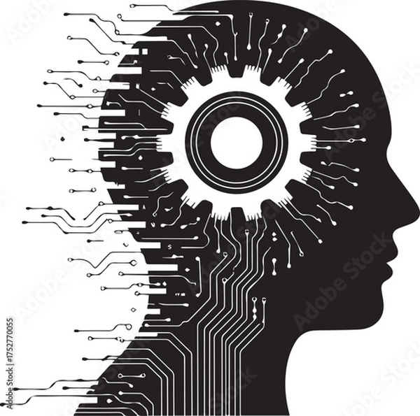 Fototapeta Futuristic human head silhouette with interconnected circuits and central gear representing artificial intelligence and innovation concepts vector