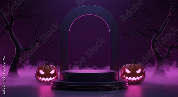 Fototapeta Halloween Podium with Pumpkins and Spooky Atmosphere