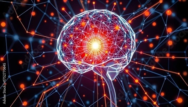Obraz Glowing Digital Brain with Orange and Red Light Patterns