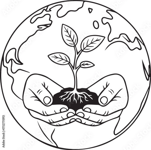 Fototapeta Hands cradling a growing plant sprout with roots in soil surrounded by a sketched globe representing earth and environmental conservation concept vector