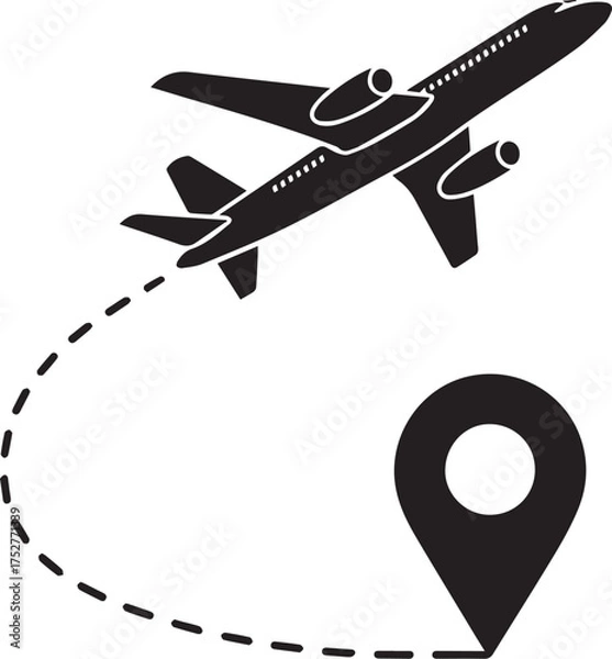 Fototapeta Airplane flying and location pin icon showing travel route and destination concept for tourism and transportation businesses vector