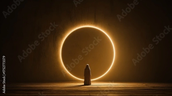 Fototapeta Mysterious Figure Facing a Glowing Circular Portal in the Dark