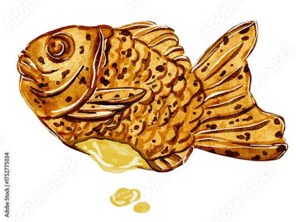 Obraz 水彩で描いた日本の甘味のたい焼きクリームのイラスト素材のセット