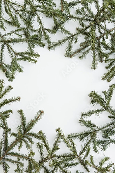 Fototapeta Christmas, New Year composition. Blank frame with copy space, Christmas fir branches on white background. Flat lay, top view festive holiday clean mockup