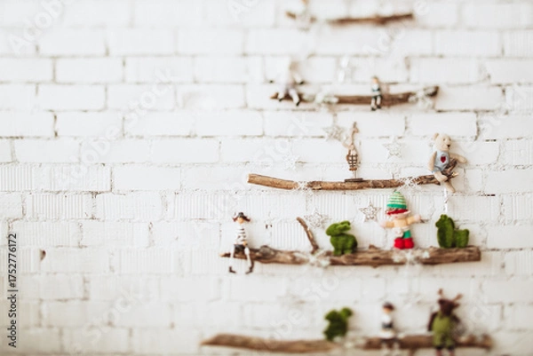 Fototapeta Rustic Christmas Tree on White Brick Wall