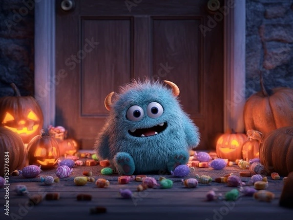 Fototapeta A tiny monster sitting on a porch surrounded by pumpkin and candy