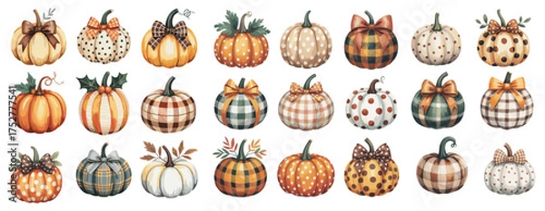 Fototapeta Watercolor illustration of decorative pumpkins in autumn colors with plaid, polka dot, and striped patterns, adorned with bows, isolated on transparent background