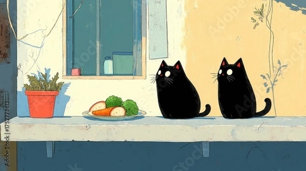 Fototapeta Two black cats near a plate of vegetarian snacks, featuring sliced apples, carrots, and broccoli, on a sunny patio.