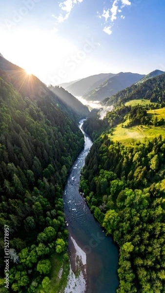 Fototapeta A river winds through a mountain valley with lush green forests, sun peeking through the peaks