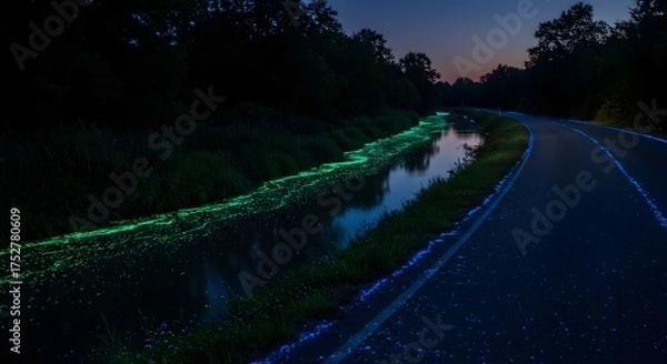 Obraz A road and waterway glow at dusk, showcasing neon-like illumination from an unknown source