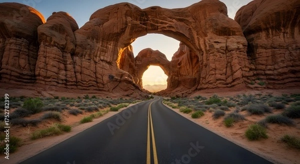 Fototapeta A road leads towards two massive rock arches illuminated by the rising sun